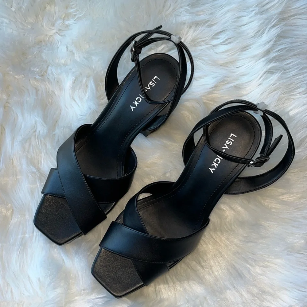 🆕 Lisa Vicky Leather Strappy Platform Heel Sandals Black Size 8
